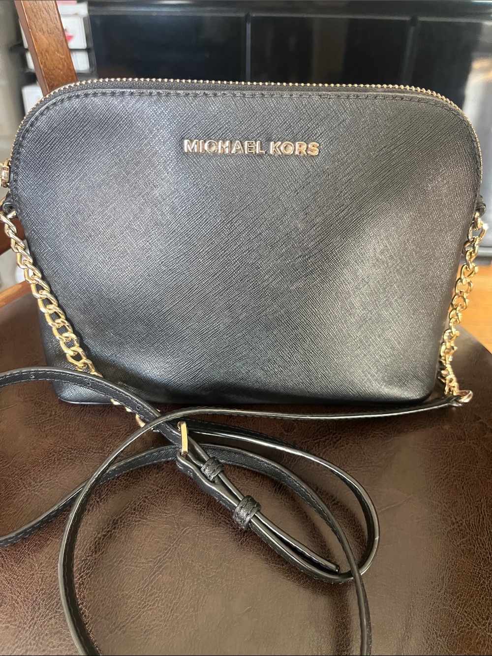 Michael Kors Black Saffiano Leather Chain-Trim Crossbody